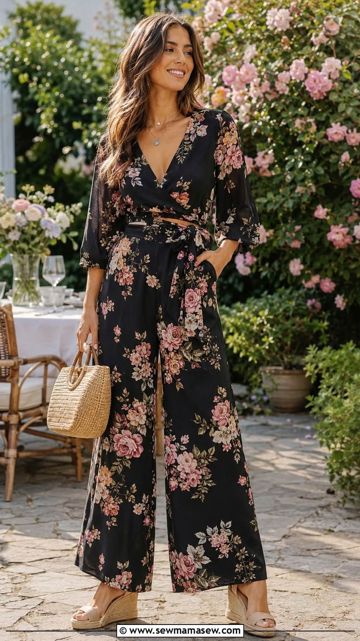 Floral Print Palazzo Two Piece Set - 30 Palazzo pants matching set outfit ideas