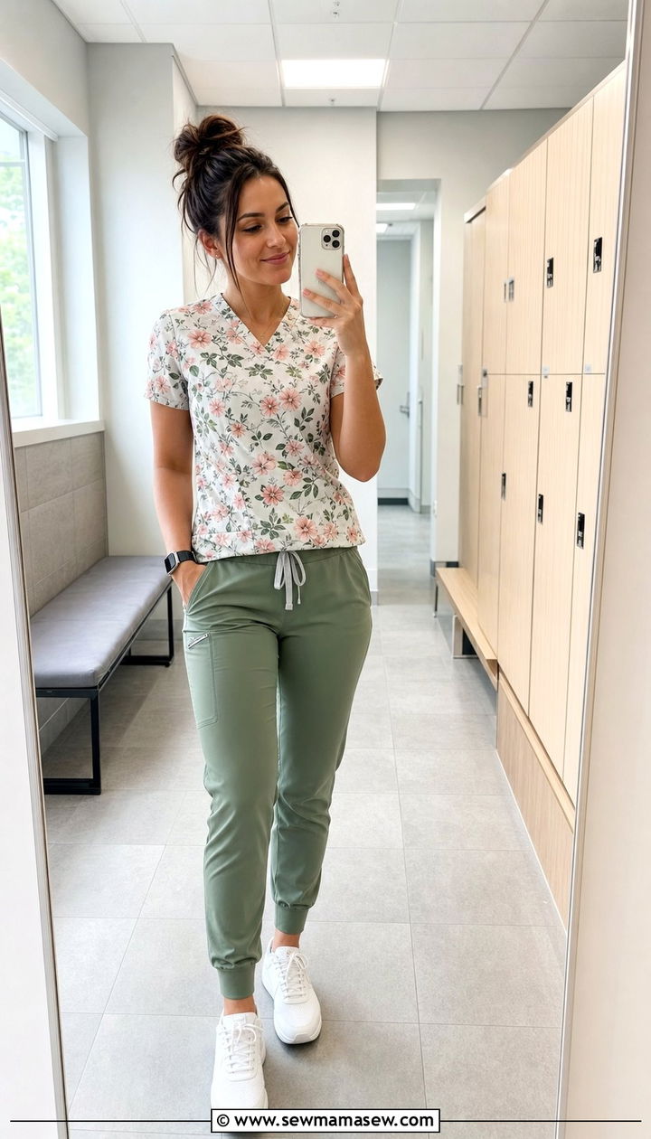 Floral Print Scrub Top With Solid Jogger Pants - 25 Summer nurse outfits