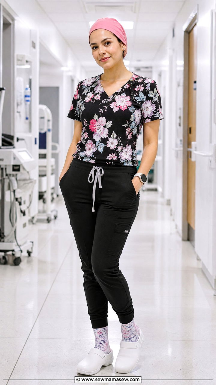 Floral Print Scrub Top With Solid Pants And White Clogs - 25 Icu nurse outfit ideas