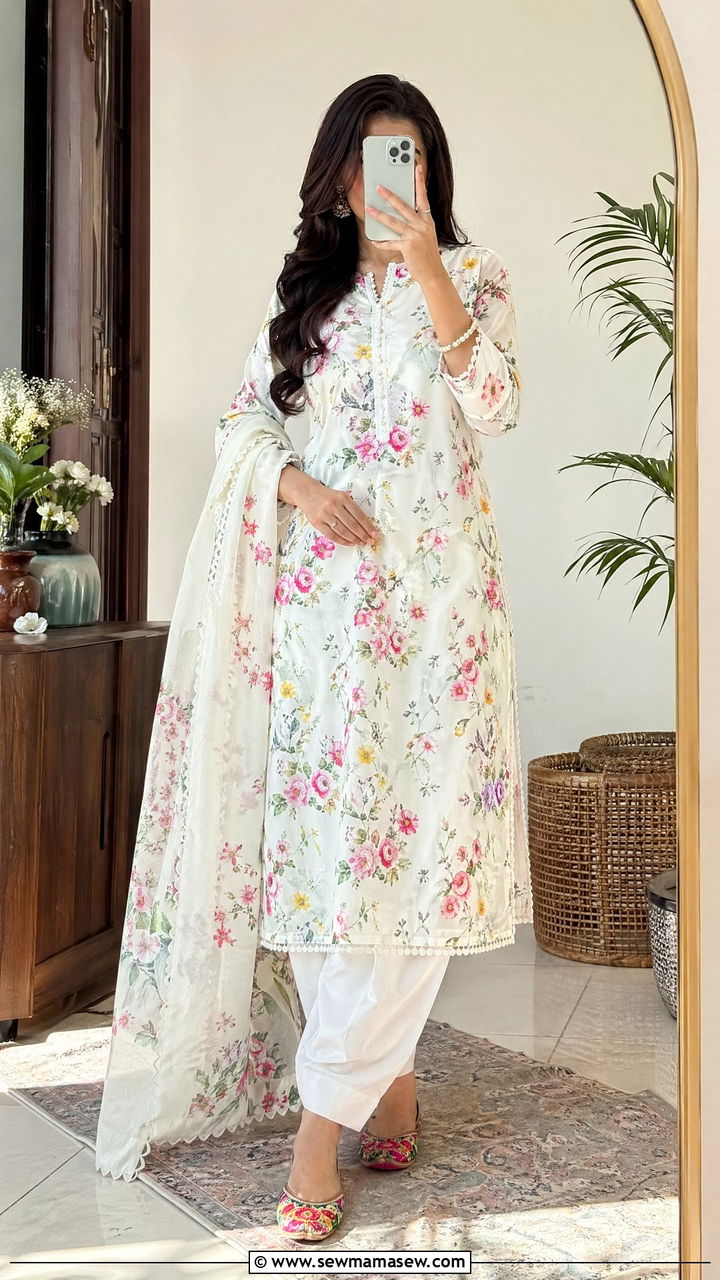 Floral Print Shalwar Kameez with Colorful Khussas - 35 Eid outfit ideas for moms