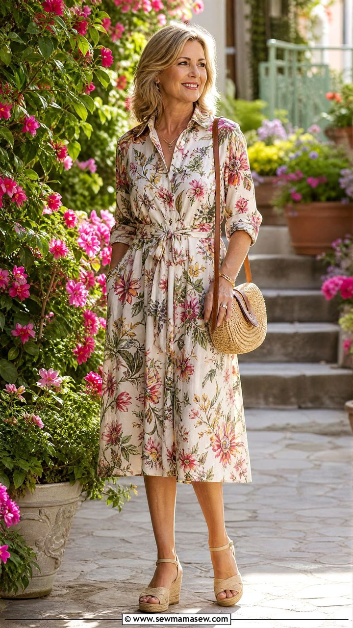 Floral Print Shirt Dress - 20 50 year old woman outfit ideas