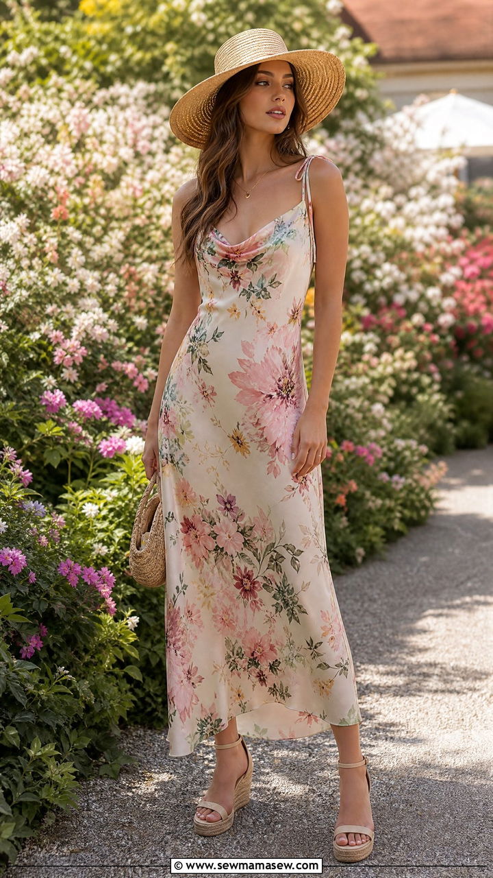 Floral Print Slip Dress With Straw Hat And Espadrille Wedges - 25 How to style a slip dress for a wedding