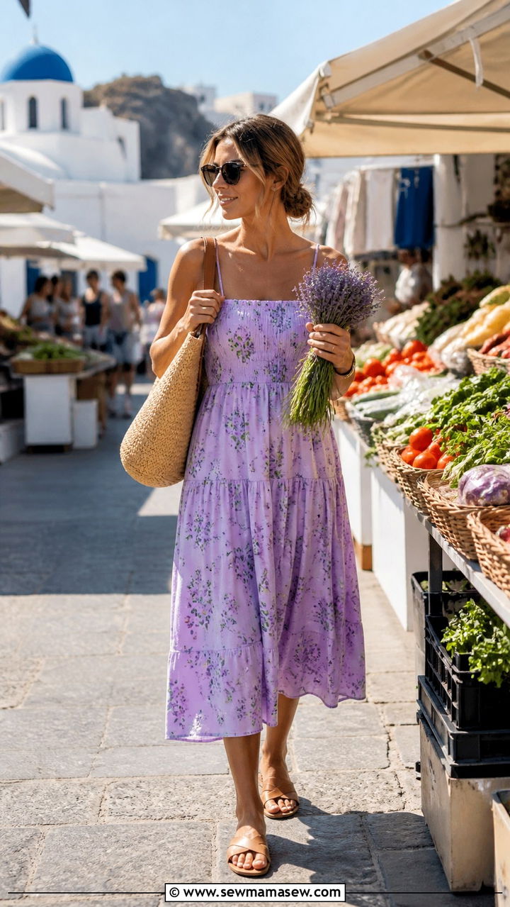 Floral Print Sundress with Straw Tote - 40 What to wear in Santorini
