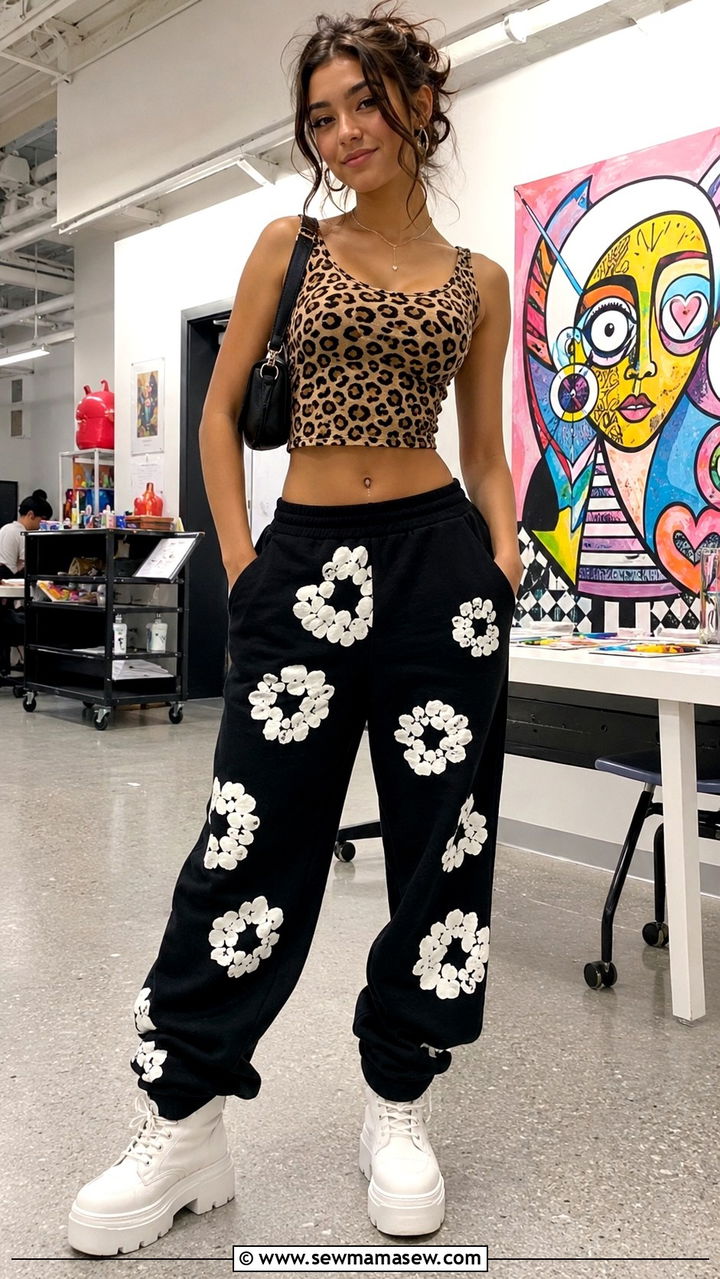 Floral Print Sweatpants With Leopard Crop Top And White Boots - 30 School outfit ideas with sweatpants