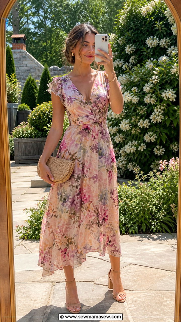 Floral Print Tea Length Dress With Nude Sandals - 20 Wedding guest outfit ideas tea length dress