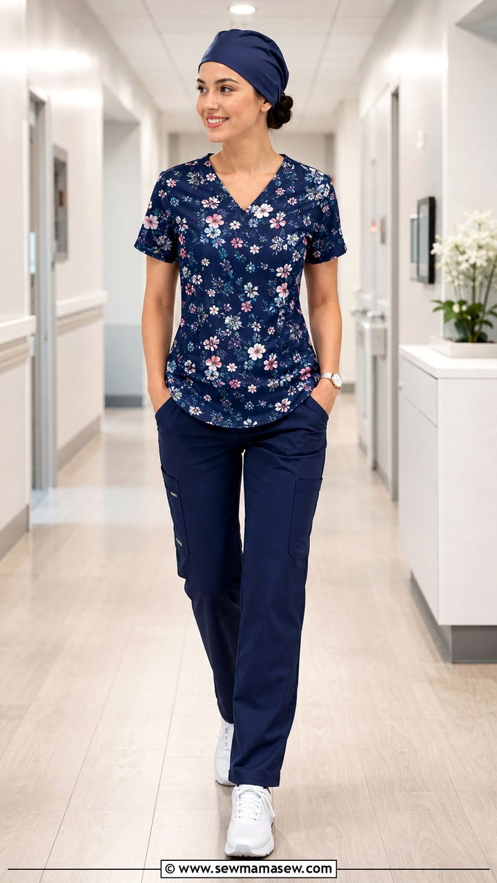 Floral Print Top with Solid Navy Pants Outfit - 30 Scrubs outfit ideas for nurses