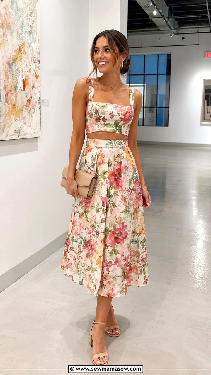 Floral Print Two Piece Set With Block Heels - 25 Wedding guest outfit ideas floral dress 2026