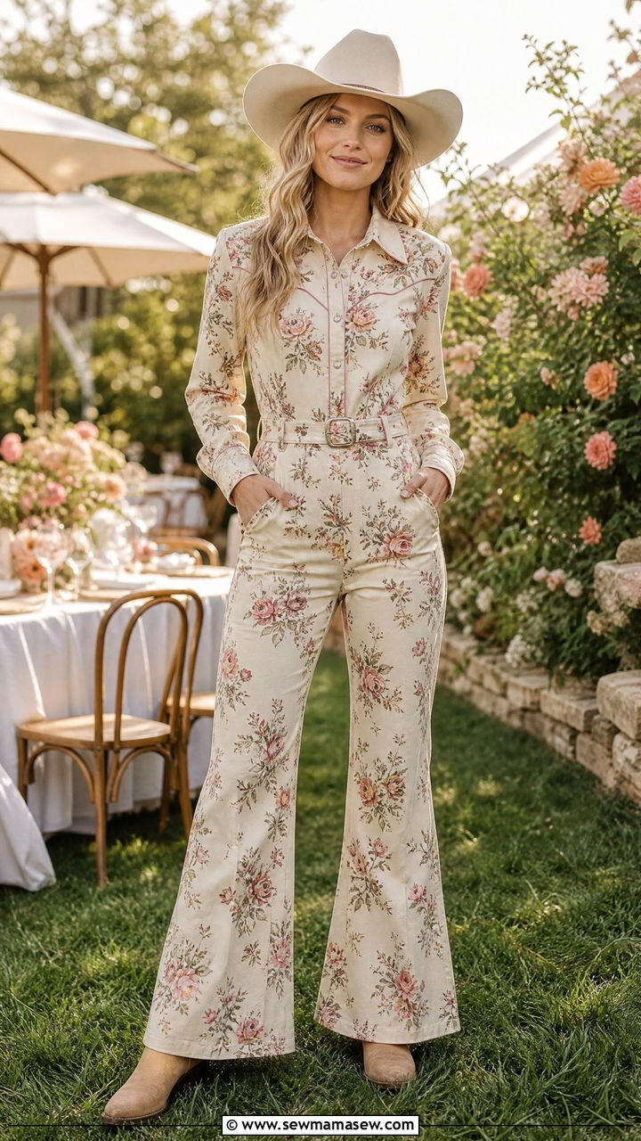 Floral Print Western Jumpsuit With Pointed Yoke - 20 Western outfit ideas Lainey Wilson style