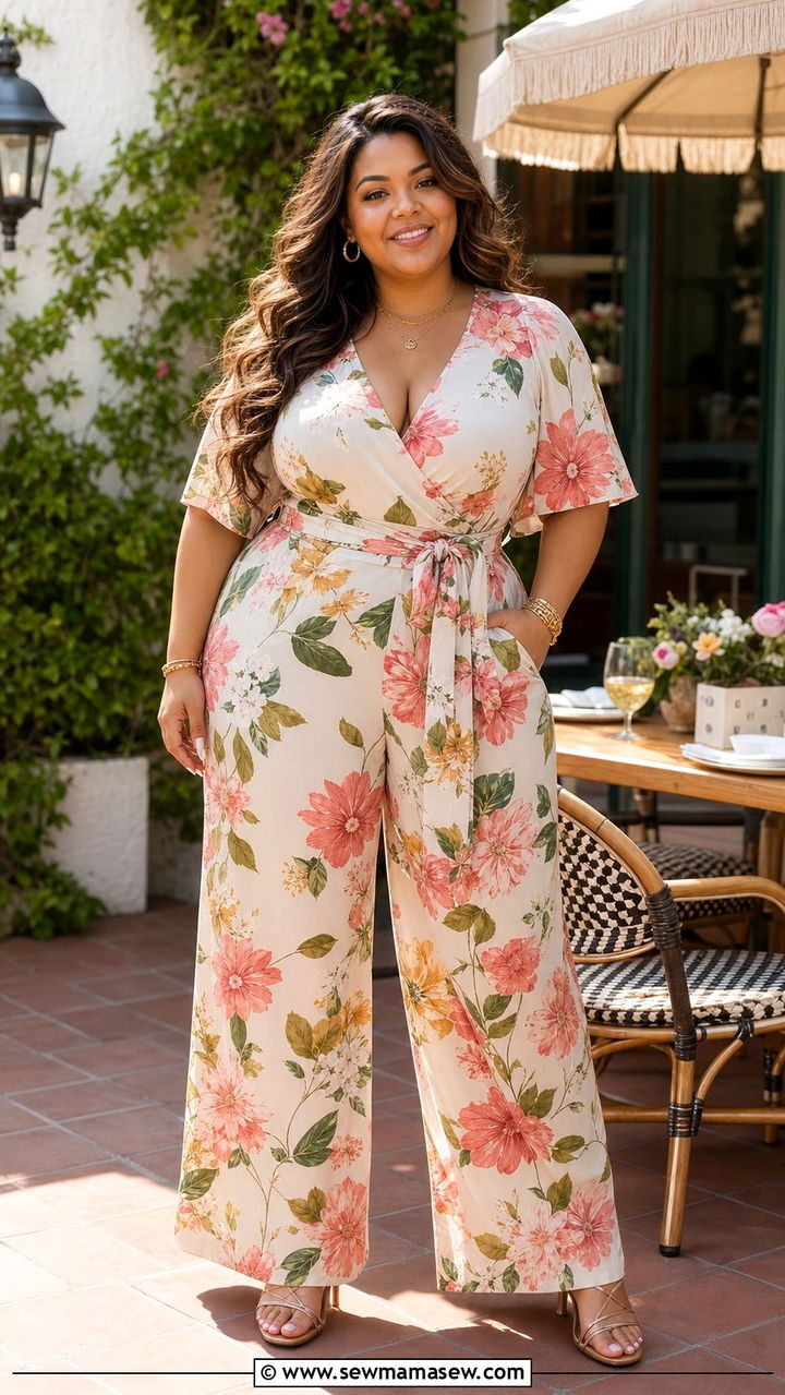 Floral Print Wide Leg Jumpsuit - 35 Brunch outfits for curvy women