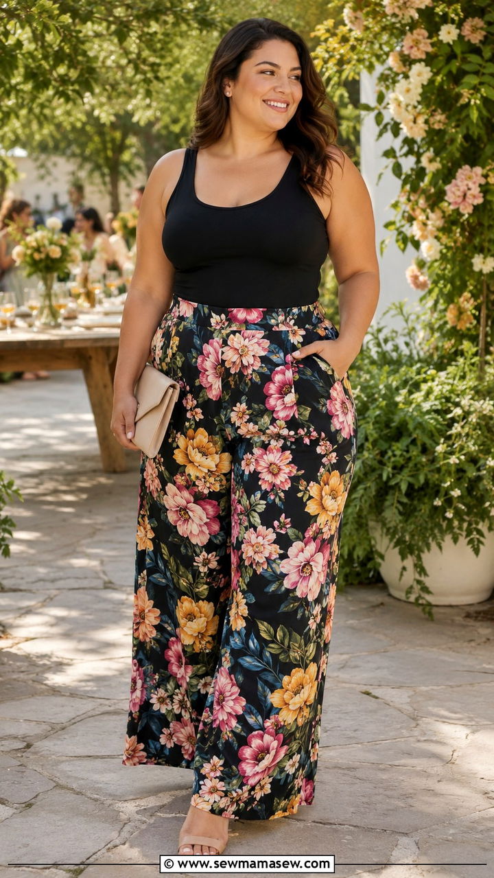 Floral Print Wide Leg Pants Outfit - 30 Plus size outfit ideas with wide leg pants