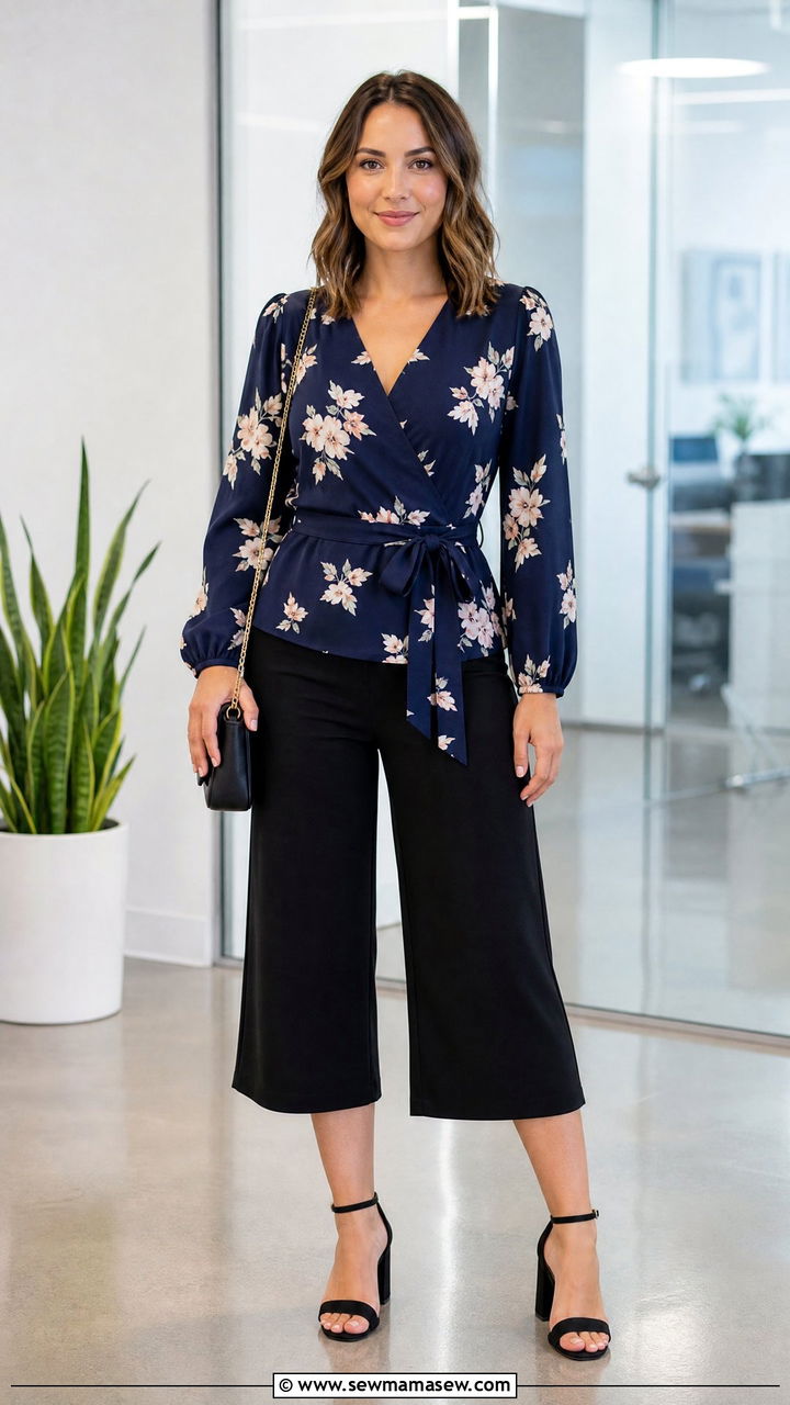 Floral Print Wrap Blouse With Black Culottes And Block Heel Sandals - 30 summer outfits for office women