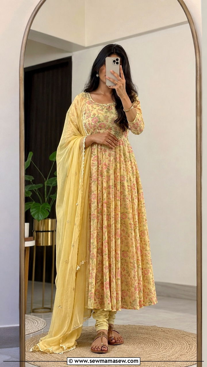Floral Printed Anarkali Suit With Kolhapuri Sandals - 20 Wedding guest outfit ideas Haldi ceremony