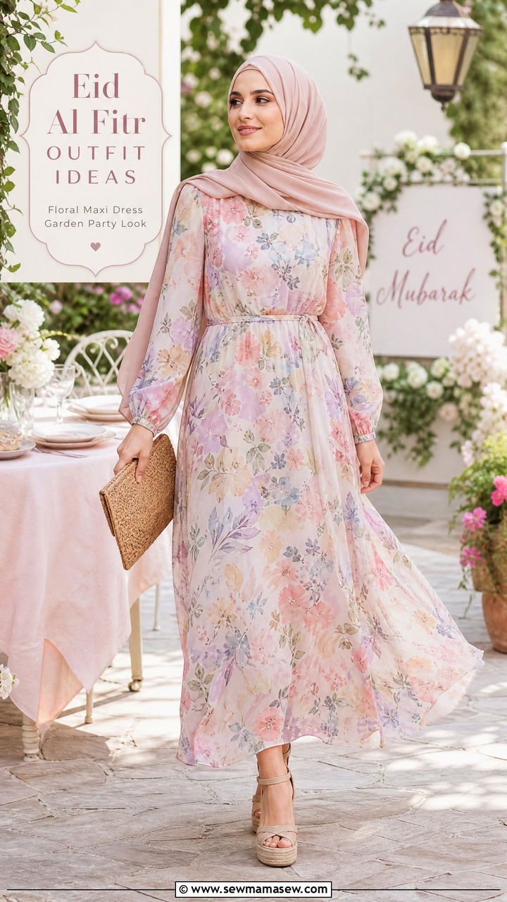 Floral Printed Maxi Dress with Wedges - 30 Eid al Fitr outfit ideas