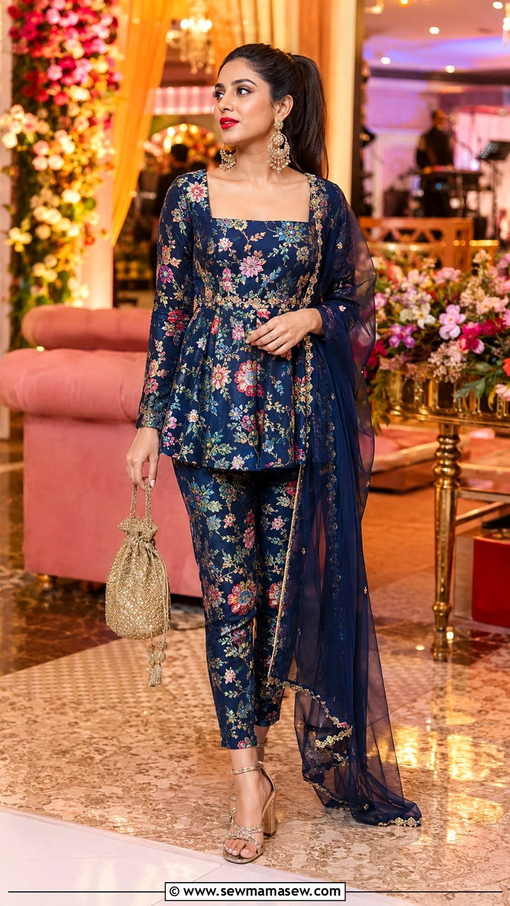 Floral Printed Peplum Suit For Sangeet - 20 Wedding guest outfit ideas Indian wedding