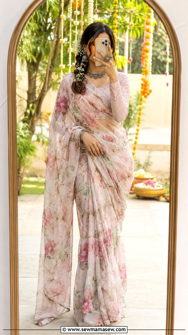 Floral Printed Saree with Full Sleeve Blouse - 20 Modest outfit ideas for Henna night