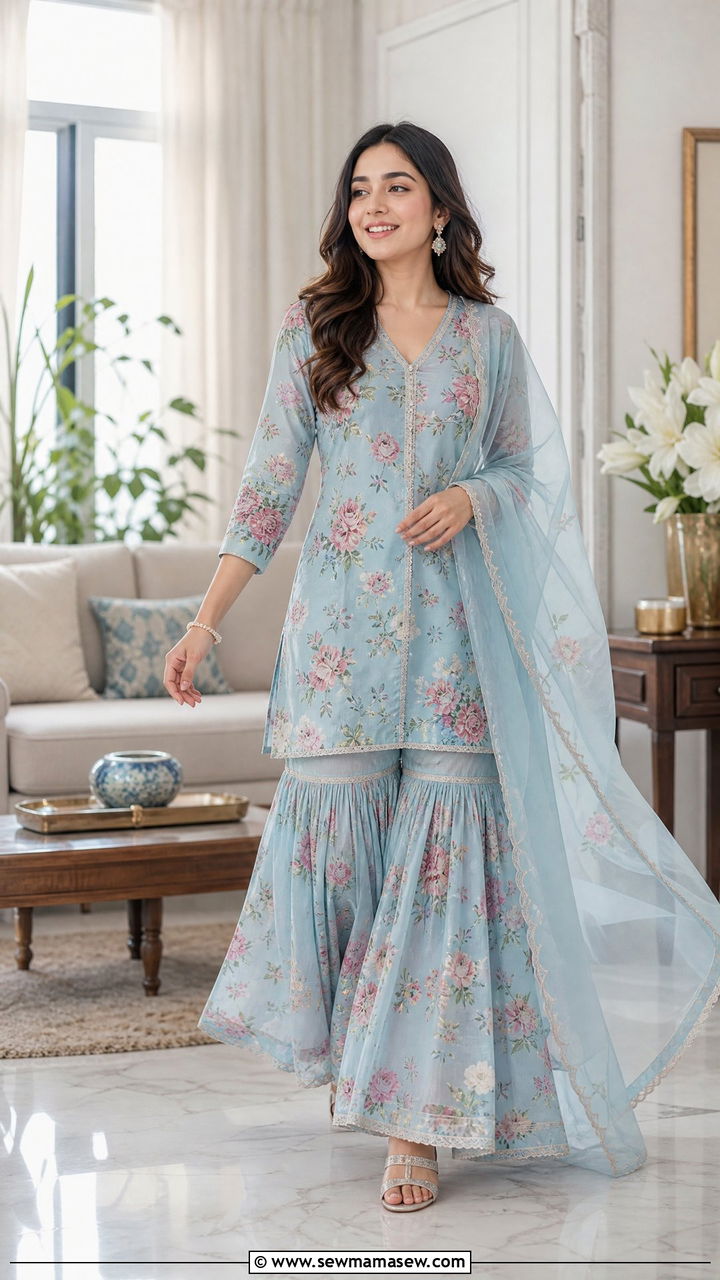 Floral Printed Sharara Set - 30 Eid outfits for girls