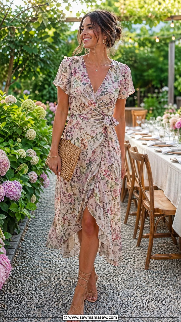 Floral Printed Wrap Dress With Strappy Sandals - 35 Dinner party outfit ideas