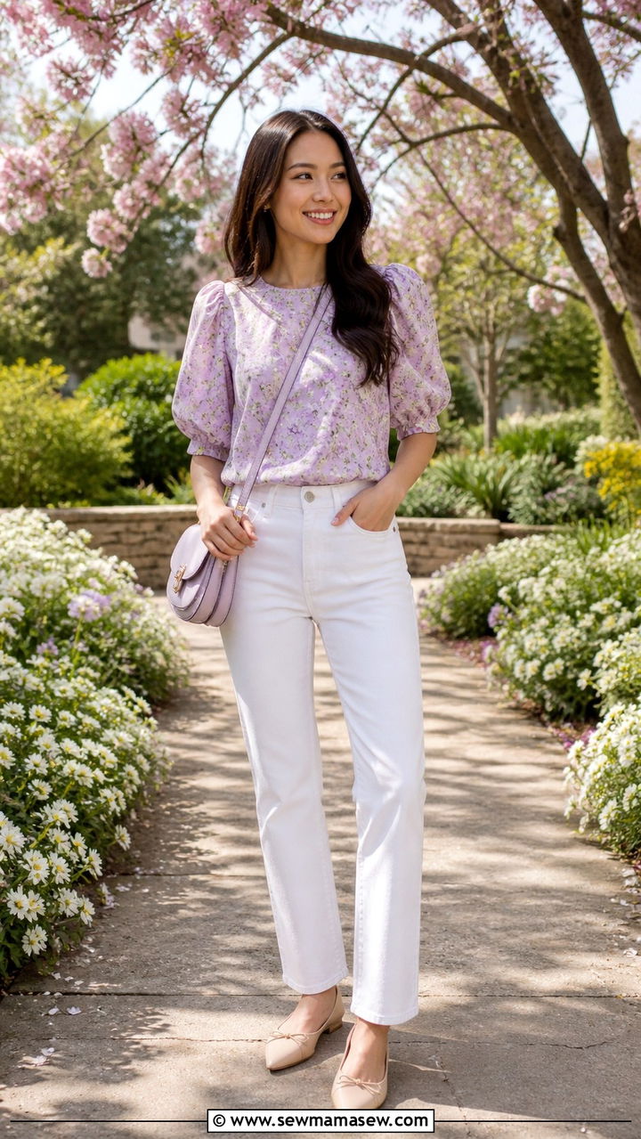 Floral Puff Sleeve Blouse With White Jeans Brunch Outfit - 40 brunch outfits