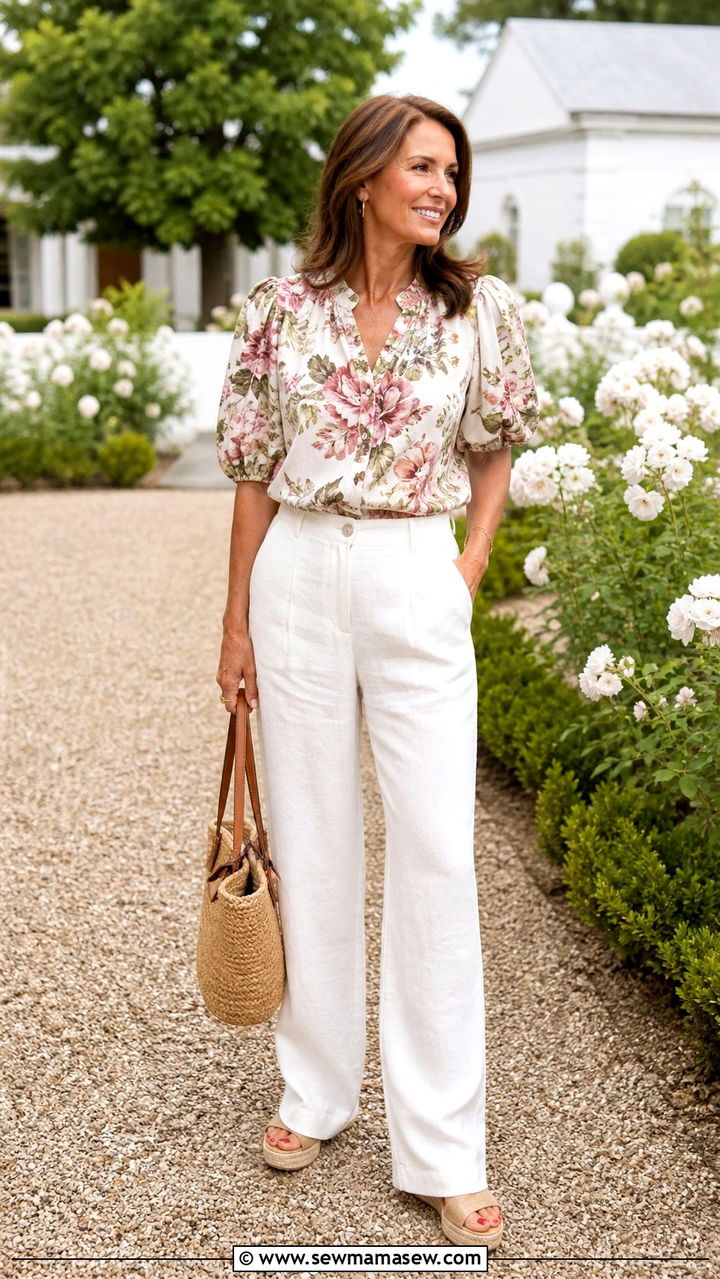 Floral Puff Sleeve Blouse With White Linen Trousers - 40 Boho outfit ideas 2026