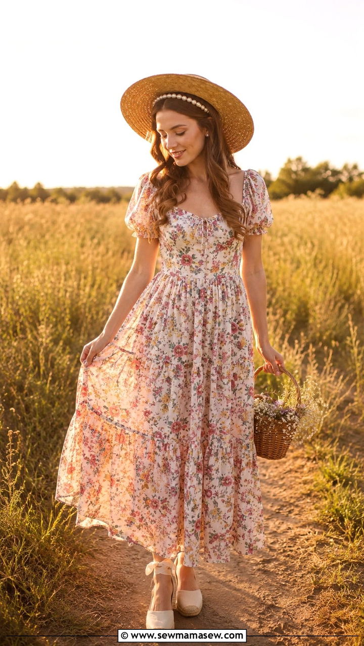 Floral Puff Sleeve Maxi Dress With Espadrilles - 30 romantic outfits to copy