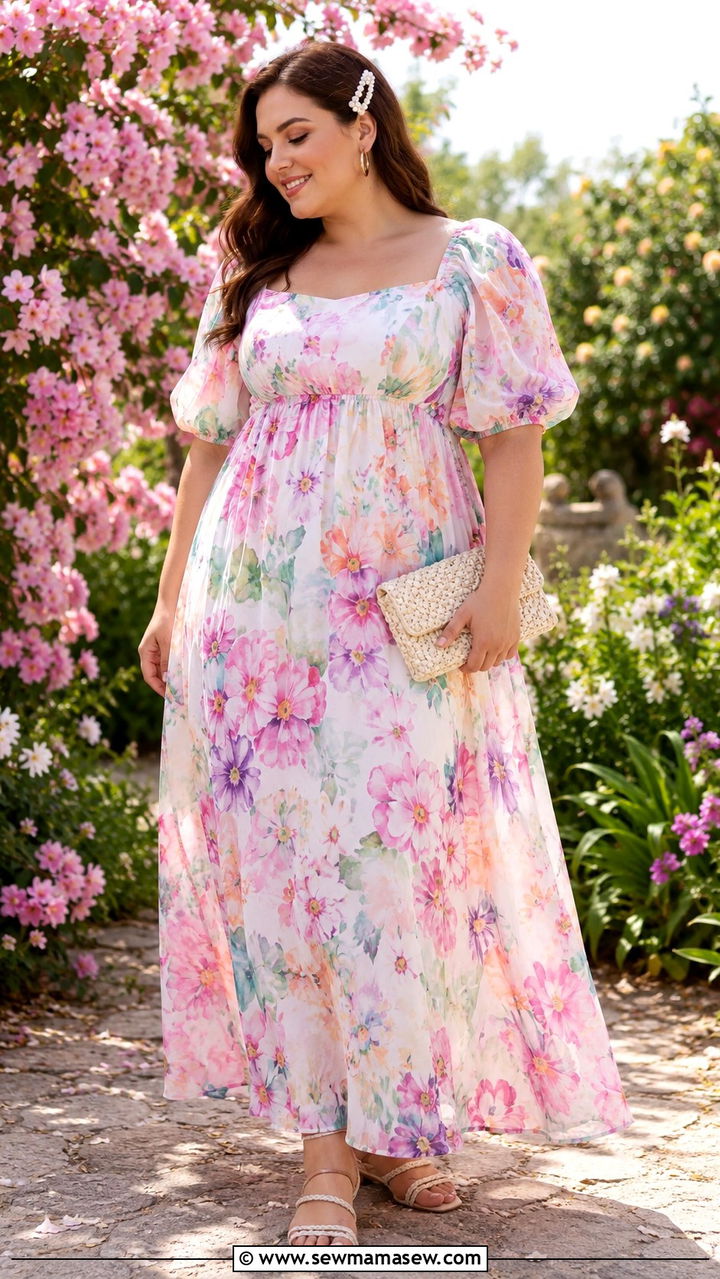 Floral Puff Sleeve Maxi Dress with Sandals Plus Size - 30 Modest outfit ideas plus size