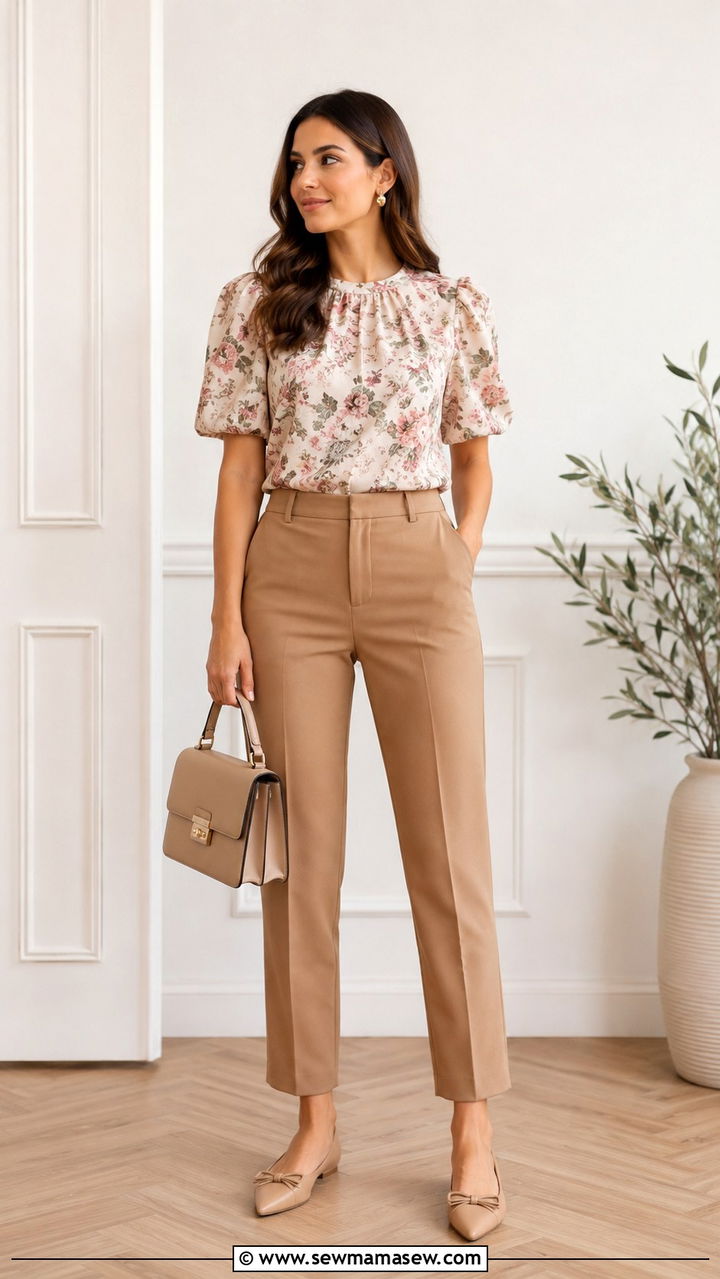 Floral Puff Sleeve Top with Tailored Trousers - 30 casual romantic outfits