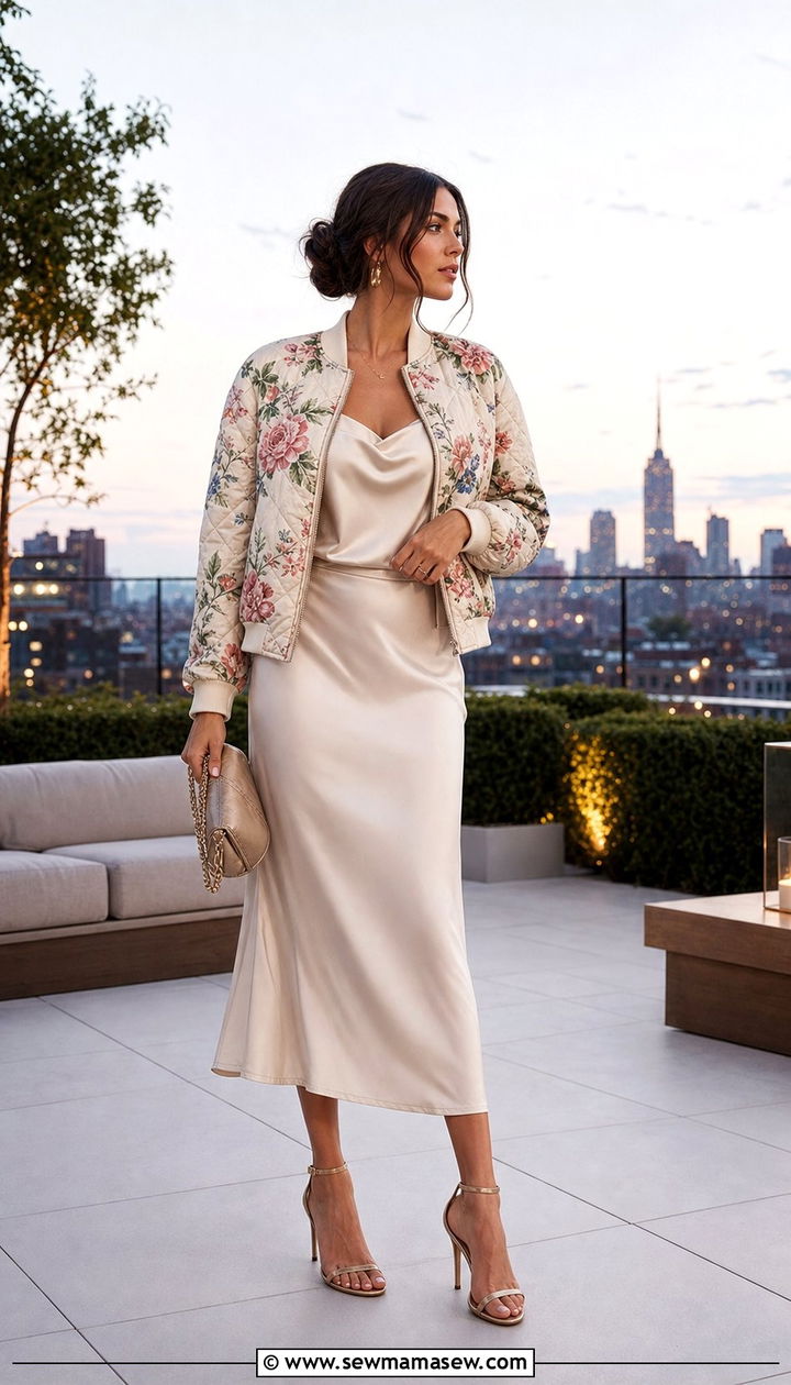 Floral Quilted Bomber Jacket With A Slip Skirt And Strappy Heels - 25 Summer outfits with bomber jackets