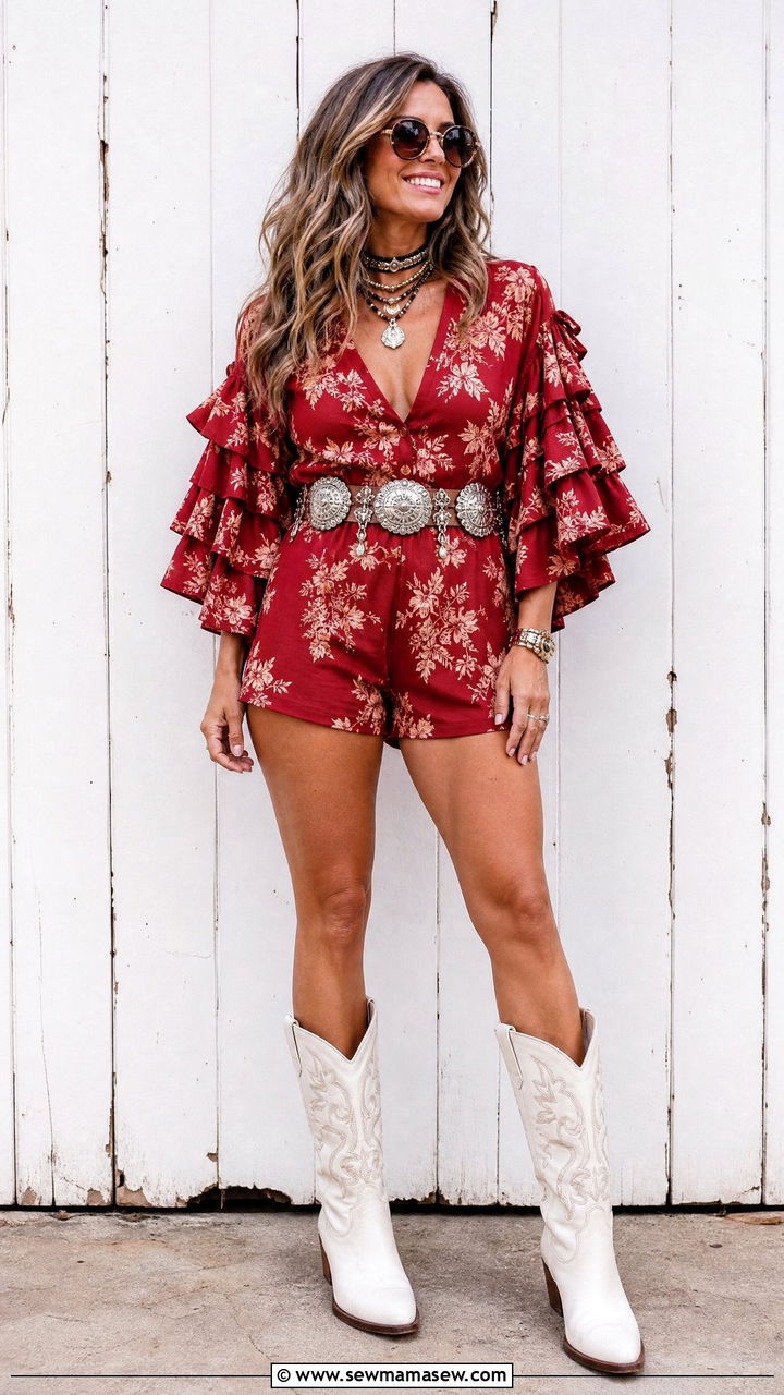 Floral Romper with a Western Belt - 30 Country concert outfit ideas for women over 40