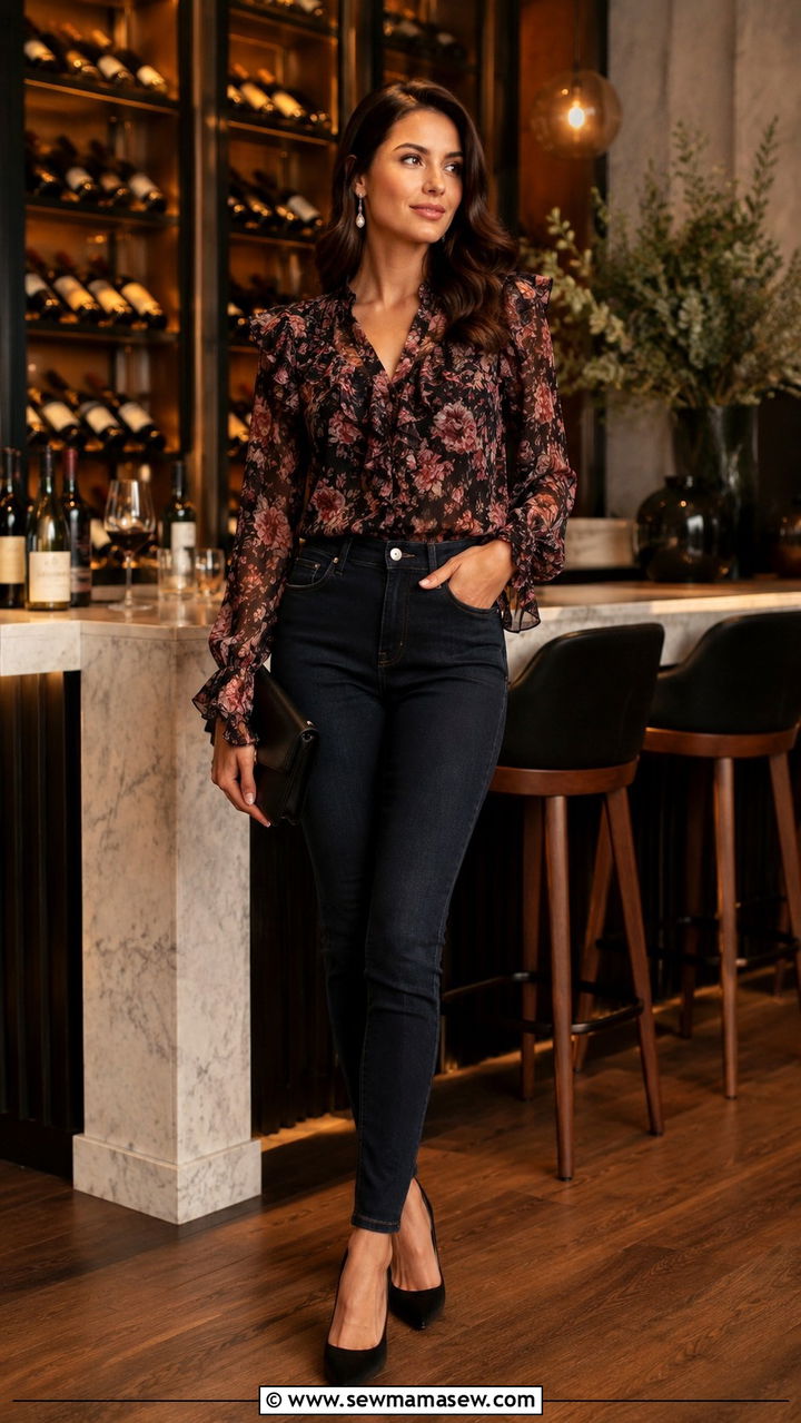 Floral Ruffle Blouse with Dark Denim and Heels - 30 classy romantic outfits