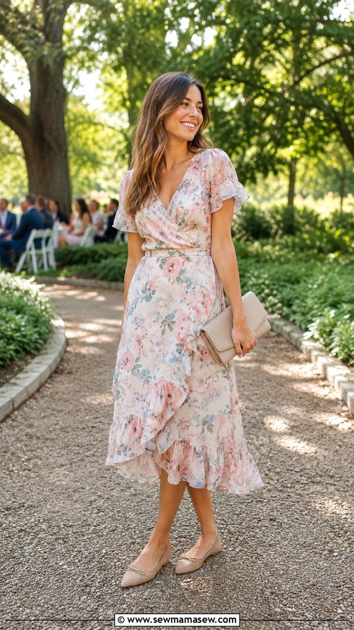 Floral Ruffle Hem Dress With Ballet Flats - 25 Wedding guest outfit ideas floral dress 2026