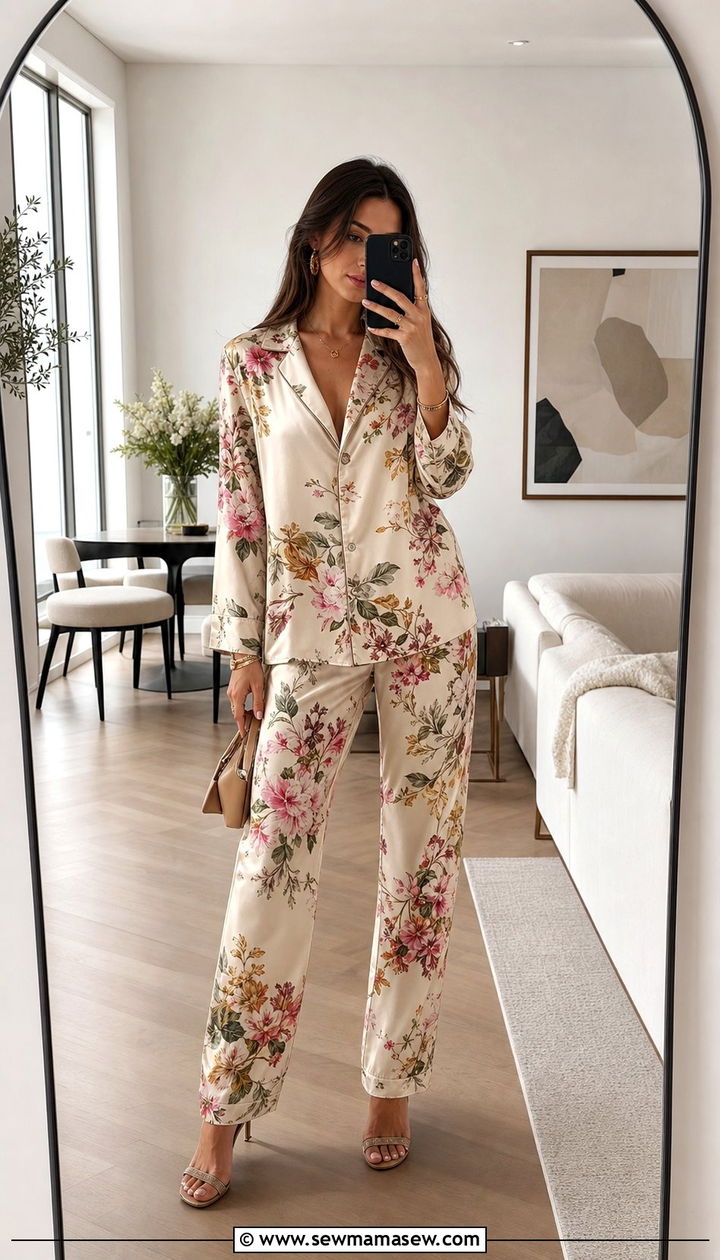 Floral Satin Shirt and Pants Set - 25 Coord set outfit ideas floral summer