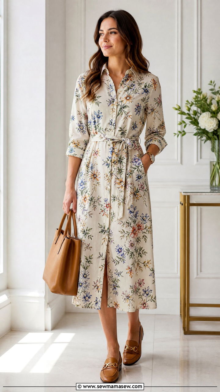 Floral Shirt Dress With A Belt And Loafers - 30 summer floral dress outfit ideas