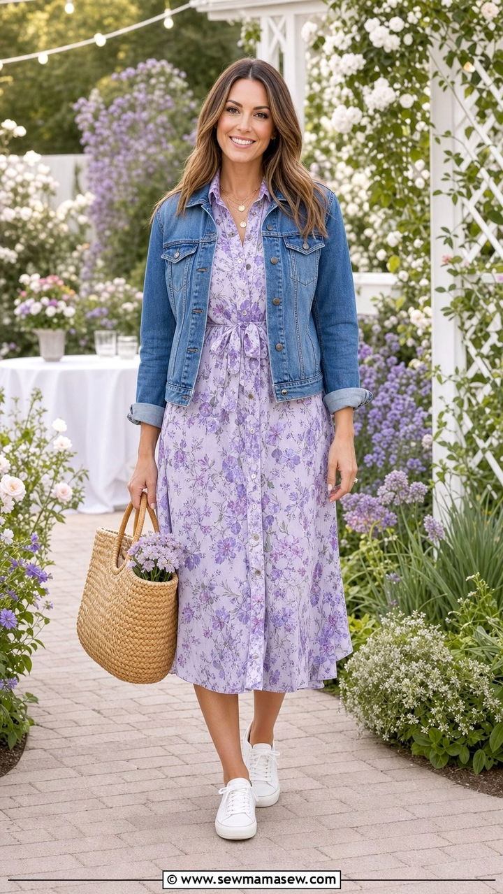Floral Shirt Dress With Denim Jacket - 25 Shirt dress outfit ideas with a jacket