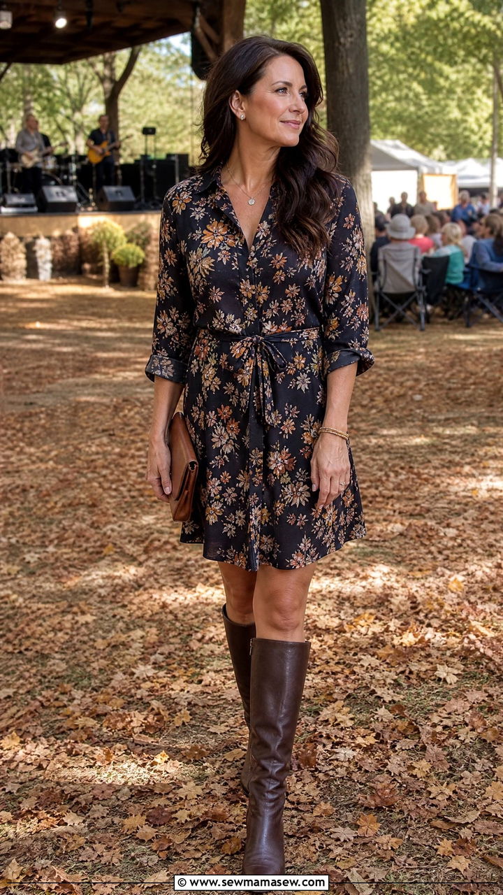 Floral Shirt Dress With Knee High Boots Concert Outfit - 30 Concert outfits for women over 40