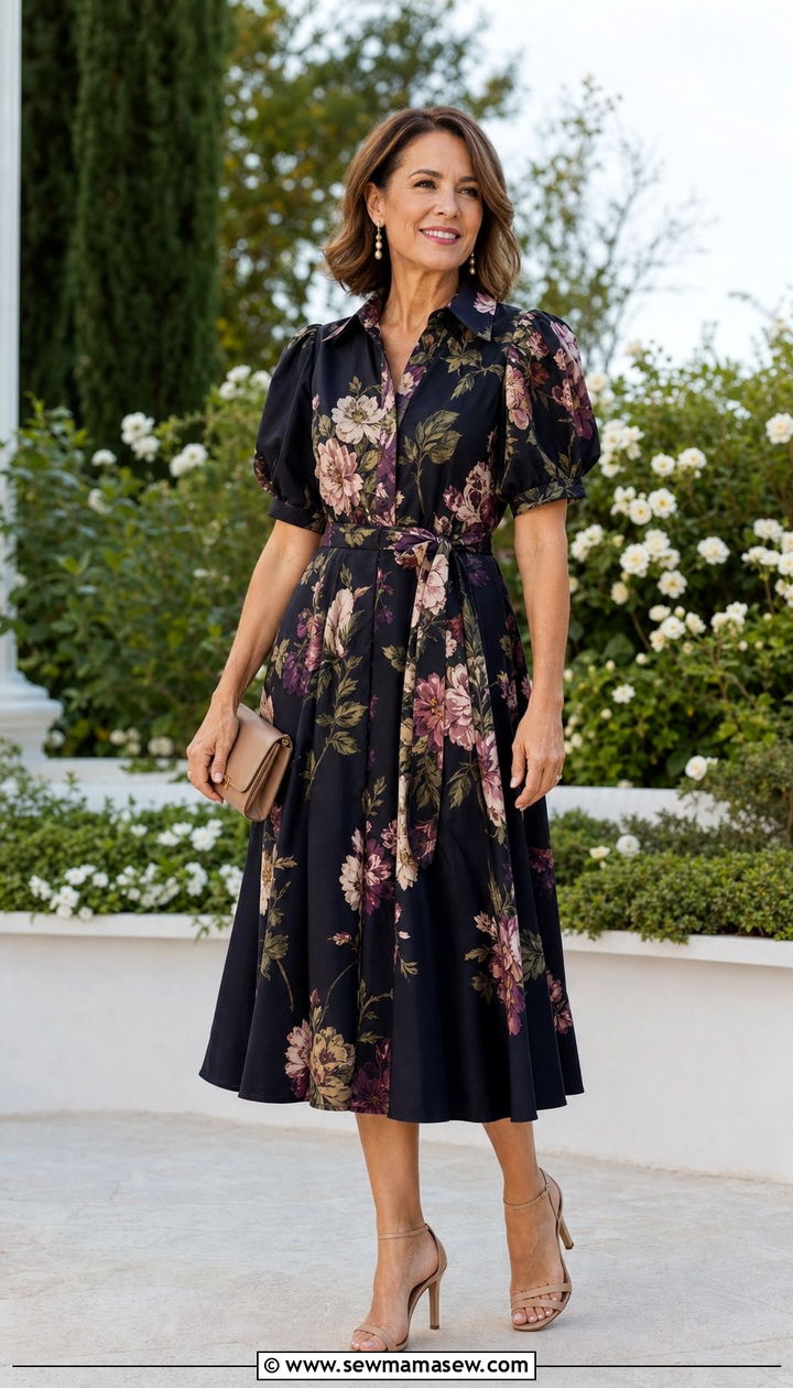 Floral Shirt Dress With Strappy Heels - 25 shirt dress outfits for women over 40
