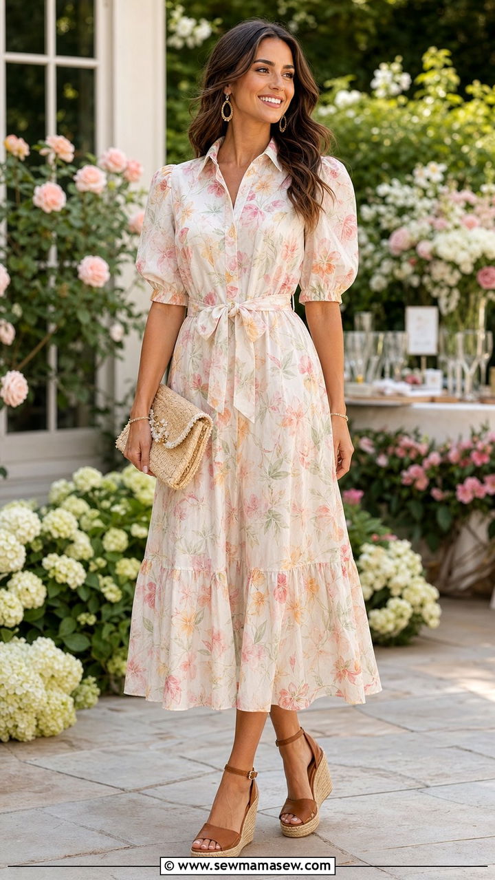 Floral Shirt Dress With Wedge Sandals - 25 Shirt dress outfit ideas with sandals
