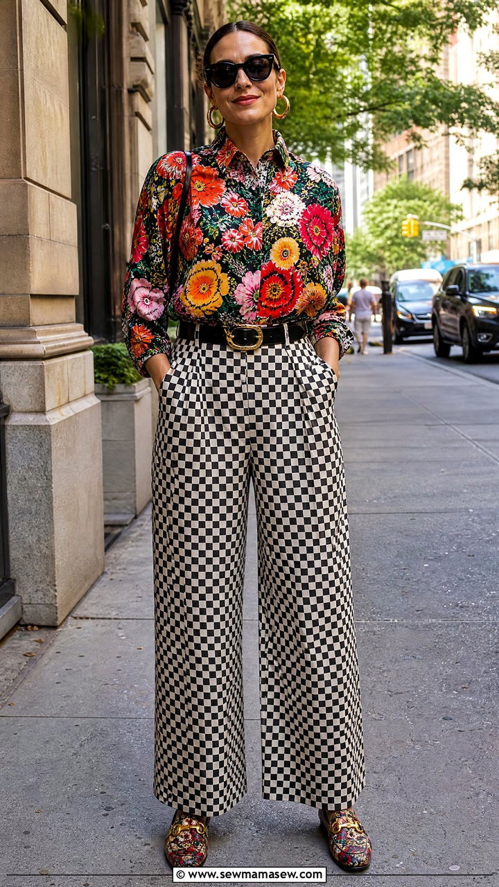Floral Shirt With Checkered Wide Leg Pants - 25 maximalist outfits to copy