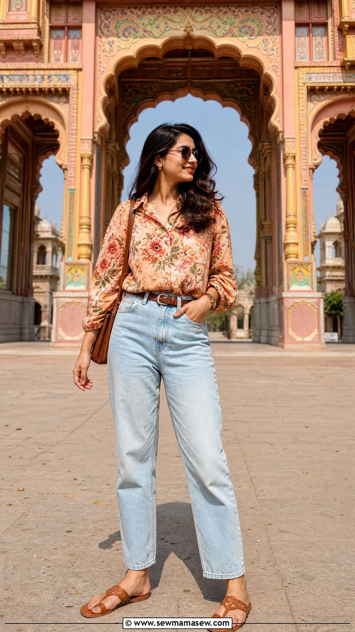 Floral Shirt with High Waisted Jeans and Kolhapuris - 25 Jaipur outfit ideas