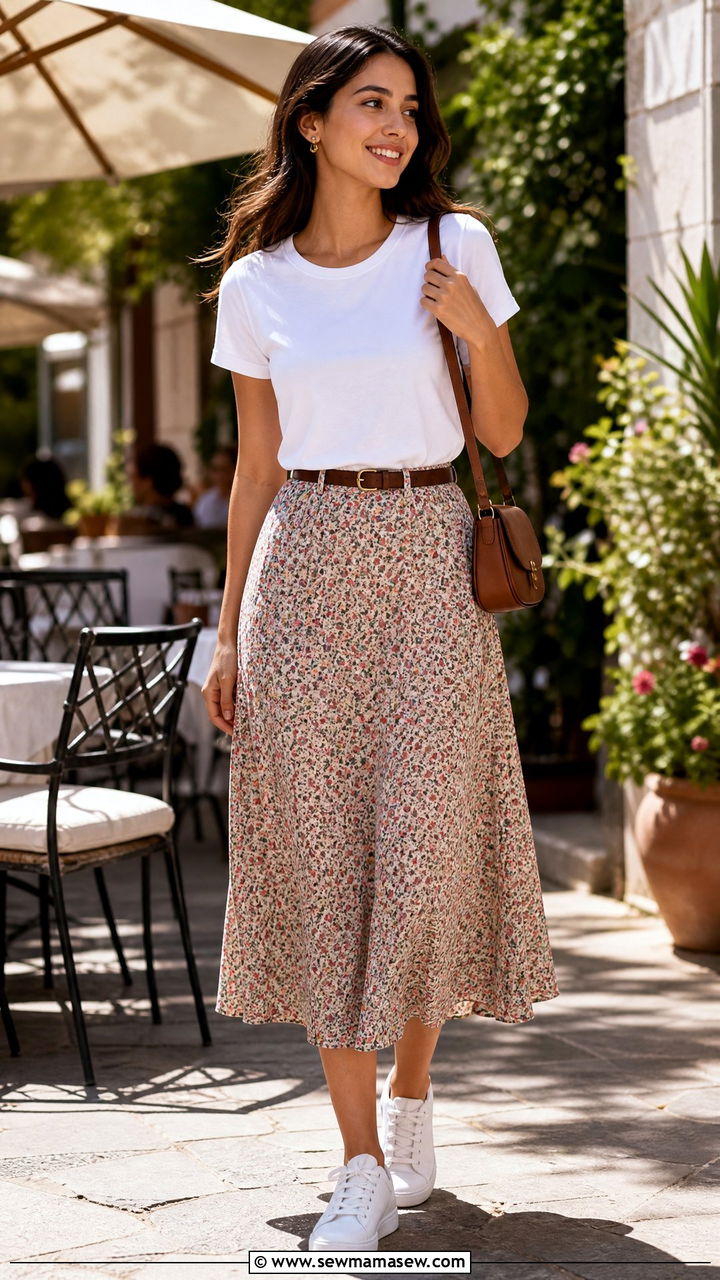 Floral Skirt Outfit With Plain Tee - 50 Summer Outfit Ideas for Women 2026