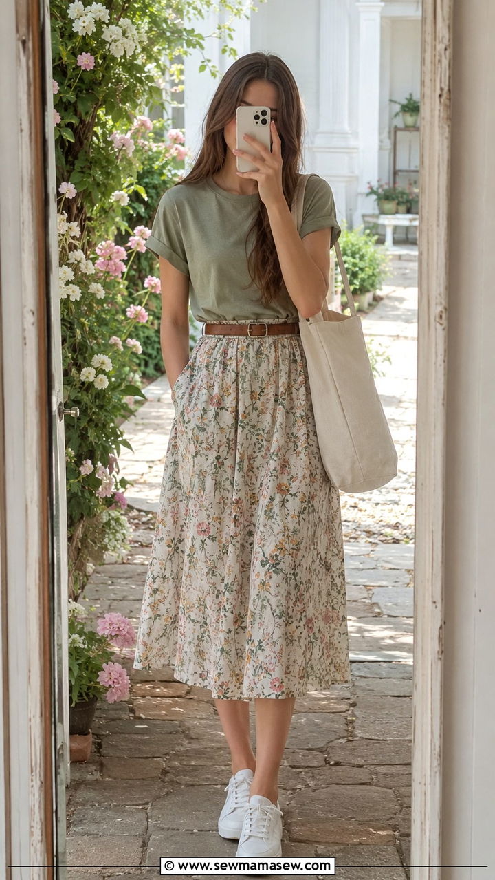 Floral Skirt and Solid Tee - 30 School outfit ideas with skirt