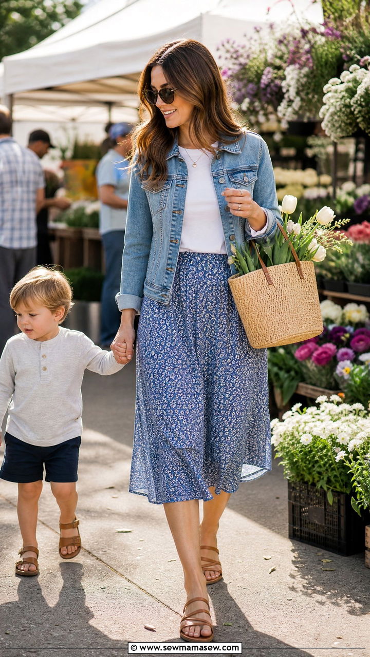 Floral Skirt and Tucked In T Shirt - 30 Cute outfits for moms