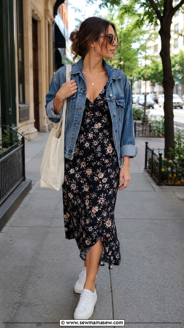 Floral Slip Dress With Denim Jacket - 20 Floral dress outfit ideas 2026