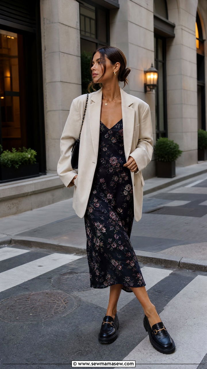 Floral Slip Dress With Oversized Blazer And Loafers - 30 summer floral dress outfit ideas