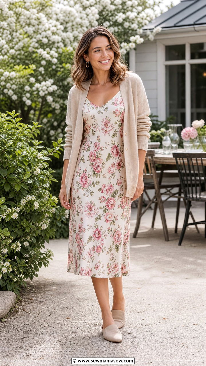 Floral Slip Dress with a Neutral Cardigan and Mules - 25 Spring outfits with slip dresses