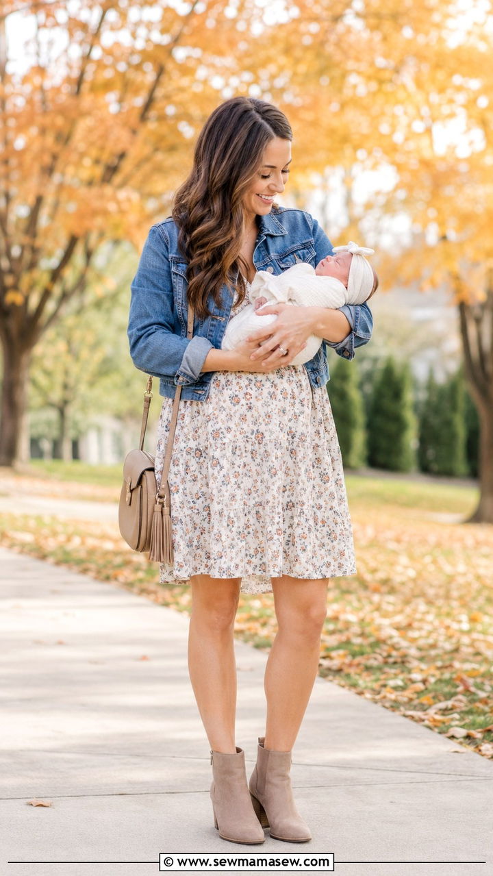 Floral Smock Dress with Ankle Boots - 20 Maternity outfit ideas come home outfit