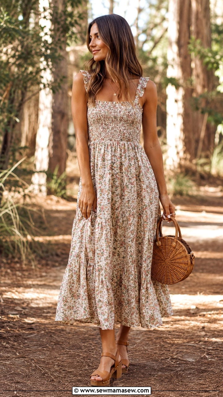 Floral Smocked Bodice Dress With Rattan Accessories - 25 Wedding guest outfit ideas floral dress 2026
