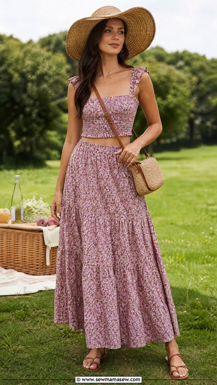 Floral Smocked Crop Top and Maxi Skirt Set - 25 Matching set outfit ideas floral