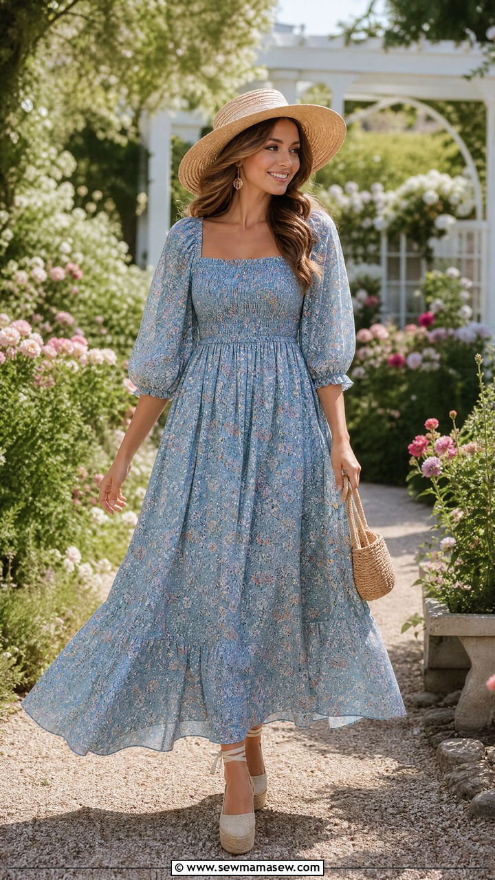Floral Smocked Maxi Dress With Espadrille Wedges Outfit - 30 Summer cozy outfit ideas