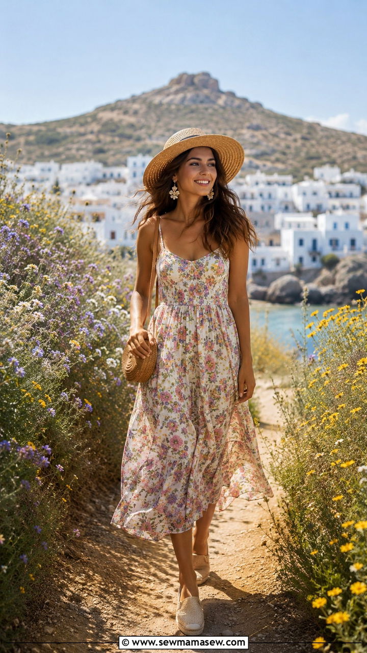 Floral Sundress With A Straw Hat And Espadrille Flats - 30 Greek vacation outfit ideas 2026