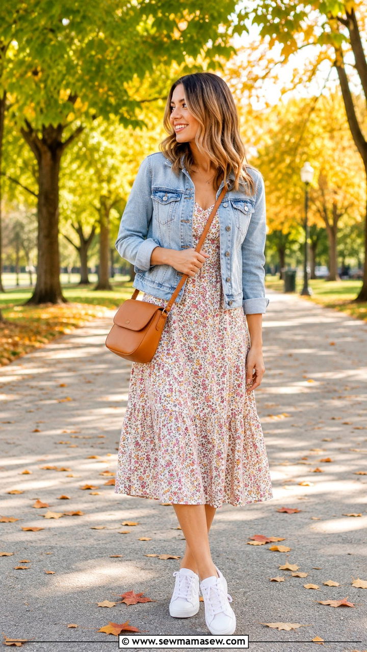 Floral Sundress With Denim Jacket - 30 cute summer to fall outfits